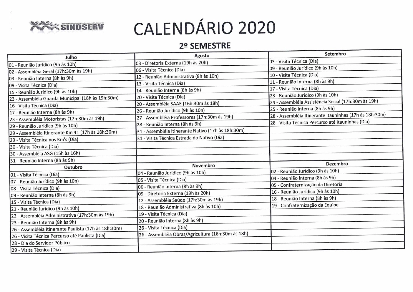 CALENDÁRIO 2020