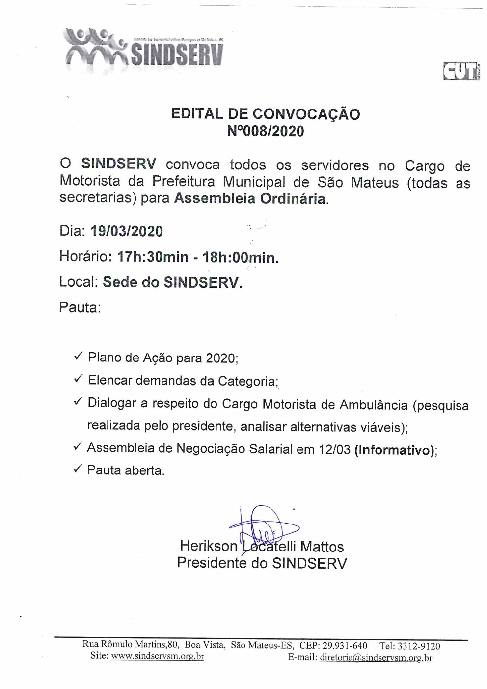 EDITAL DE CONVOCAÇÃO 008/2020