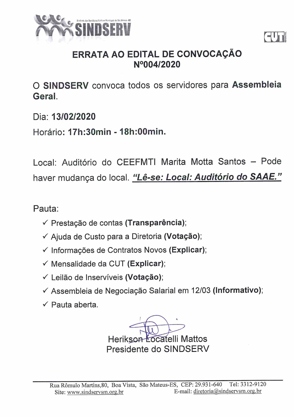 ERRATA EDITAL DE CONVOCAÇÃO Nº 004/2020