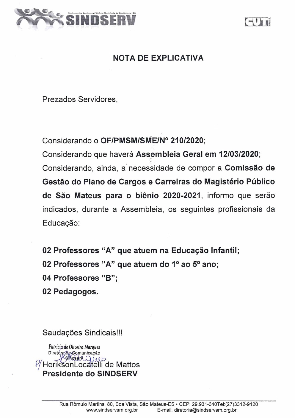 NOTA EXPLICATIVA - COMISSÃO DE GESTÃO DO PLANO DE CARGOS E CARREIRA MAGISTÉRIO PÚBLICO